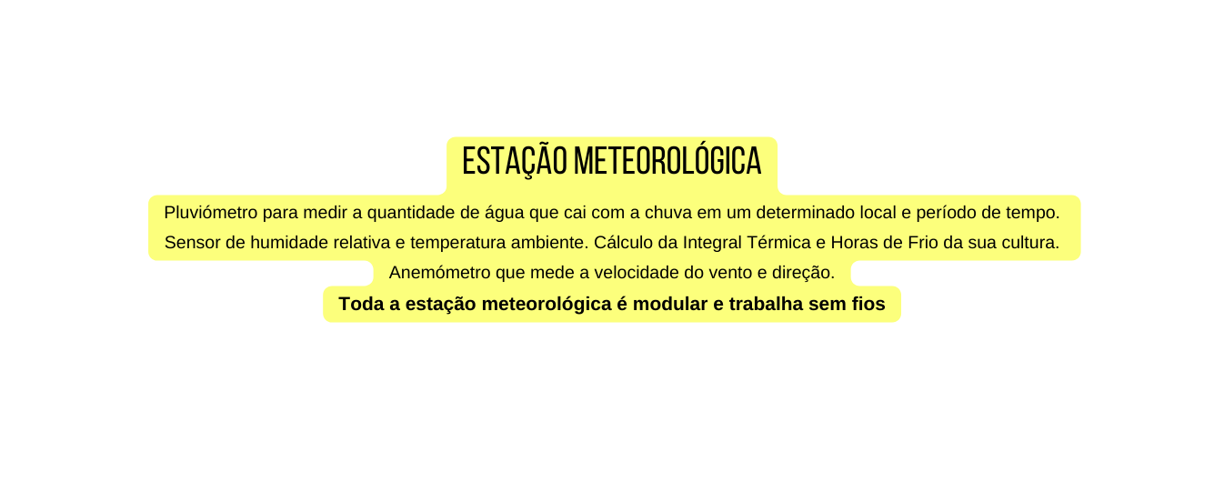 Estação meteorológica Pluviómetro para medir a quantidade de água que cai com a chuva em um determinado local e período de tempo Sensor de humidade relativa e temperatura ambiente Cálculo da Integral Térmica e Horas de Frio da sua cultura Anemómetro que mede a velocidade do vento e direção Toda a estação meteorológica é modular e trabalha sem fios